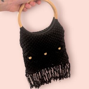 VINTAGE Black Macrame Fringe Bag With Wood Handle